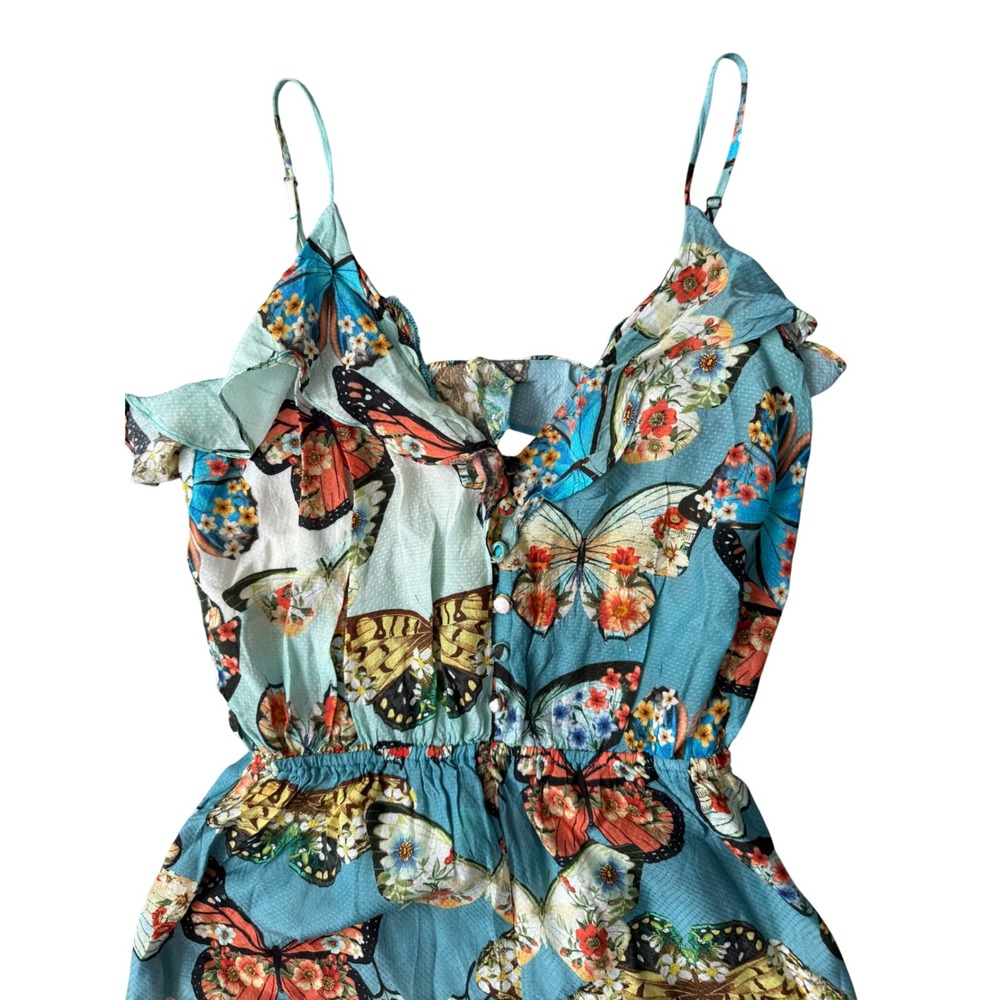 FARM Rio Butterfly Floral Ruffle Open Back Romper Blue Small - Picture 8 of 8